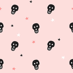 Seamless pattern with skulls. Halloween design for fabric and paper, surface textures. Pastel colors design.