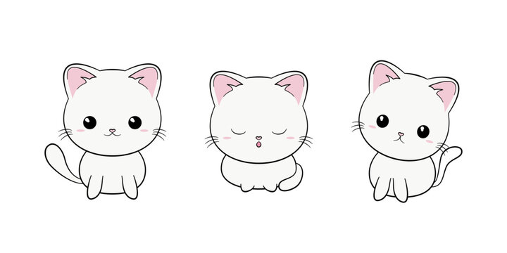 Zestaw trzech białych kotków z dużymi głowami. Koty w różnych pozach - stojący, siedzący i leżący kot.