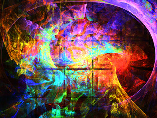 Composición de arte fractal digital consistente en manchas coloridas difuminadas y aglomeradas formando un todo con aspecto de ser una caverna misteriosa con objetos luminosos.