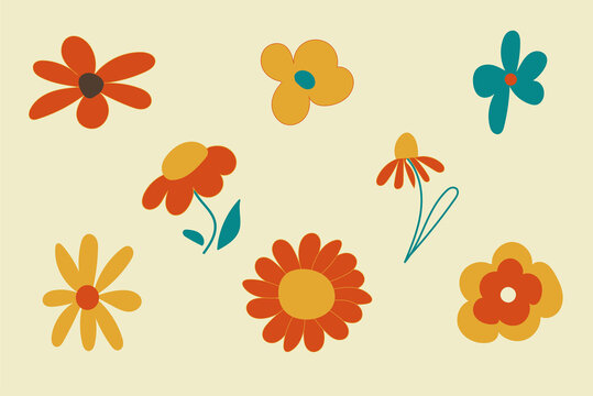 Elements in the style of the 1970s good vibes. Psychedelic fun element for design. Use for printing, stickers, wallpaper, packaging, logos, decoration. Set of flowers, daisies. Hand-drawn