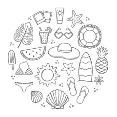 Hand drawn set of summer doodle.  Summer beach elements in sketch style.  Vector illustration isolated on white background.