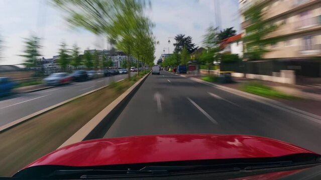 Timelapse Point of View Drivng in Paris, France.  Fast car ride through city.  Theme a quick moved automobile on town. Car driving on the road