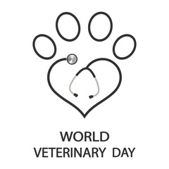 Illustration of a stethoscope in the shape of a heart and a paw of a dog on a white background