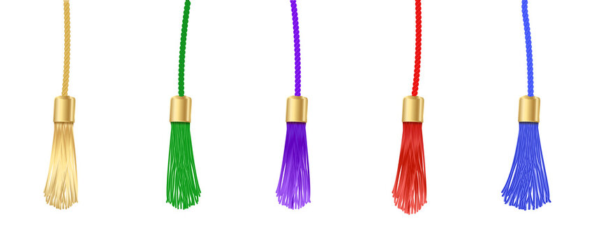 Tassel. Vector Fringe Or Handbag Accessory, Graduate Hat Isolated On White Background. Multicolor 3d Rope With Tassel, Hanging Window Curtain Decoration Element Design