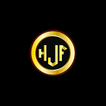 HJF letter circle logo design. HJF letter logo design with black background. HJF creative letter logo with gold colors.
