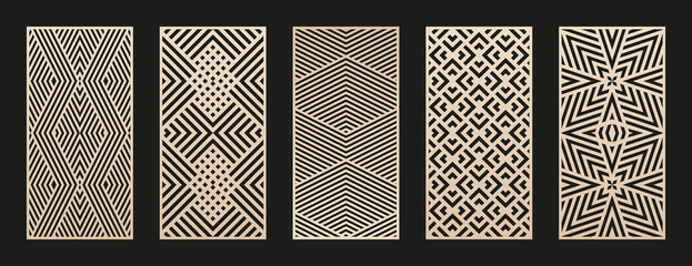 Laser cut patterns set. Vector collection of abstract geometric ornament, lines, stripes, grid, chevron. Decorative stencil for laser cutting of wood panel, metal, plastic, paper. Aspect ratio 1:2