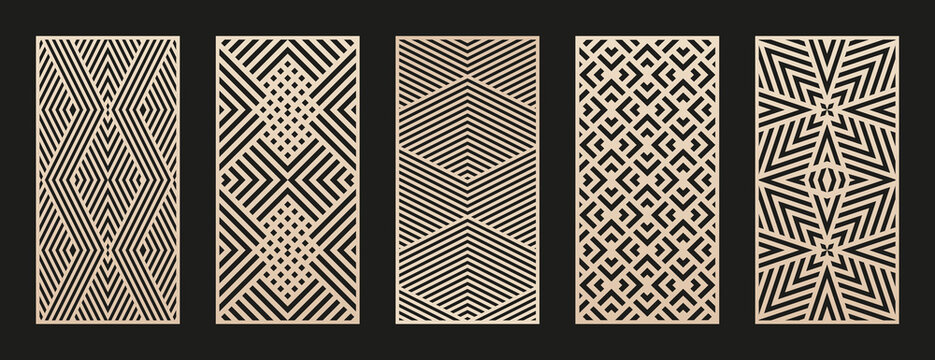 Laser cut patterns set. Vector collection of abstract geometric ornament, lines, stripes, grid, chevron. Decorative stencil for laser cutting of wood panel, metal, plastic, paper. Aspect ratio 1:2