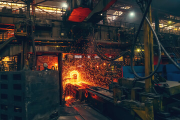 Metal casting in metallurgical plant or factory. Process of melting and forming production of iron...