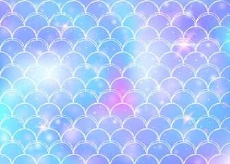 Rainbow scales background with kawaii mermaid princess pattern.