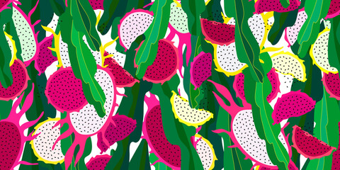 Summer seamless pattern with tropical fruit. Vector floral repeatable backdrop. Magenta and yellow dragonfruits with green stems background.