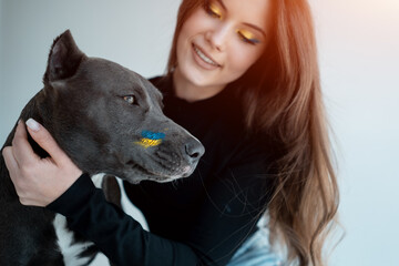 young ukrainian beautiful female play with staffordshire terrier dog at hoe