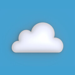 White cartoon cloud isolated on a blue background. Cloudy weather icon. 3D render illustration.