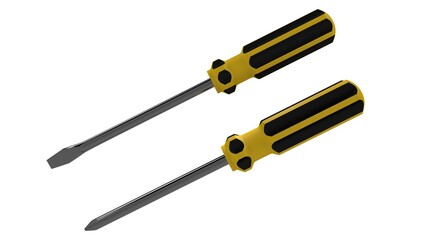 3d illustration. A beautiful view of yellow screwdriver on a white blackground. Work tool for repair and fix.