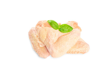 Raw, frozen Chicken wings on an isolated white background.Top view.Copy space.Industrial chicken selling and producing.