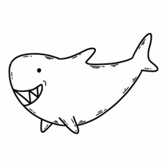 Cute shark in doodle style. Vector illustration. Coloring book for kids. Marine animals.