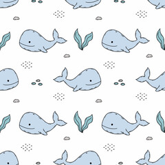 Seamless pattern with cute whale in sea. Endless wallpaper in nursery. Printing on fabric and wrapping paper.