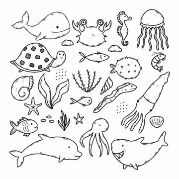 Set vector illustrations with marine animals. Collection doodle drawings. Coloring book for children. World Ocean Day. Design postcard.