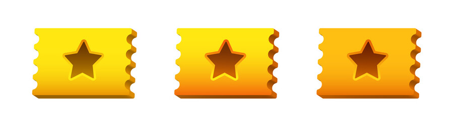 3d golden tickets. Cartoon 3D tickets with a star in the center. Vector clipart isolated on white background. 