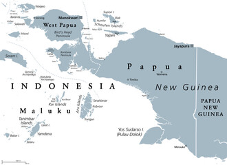 Obraz premium Western New Guinea, gray political map. Also Papua, is a Western portion of the Melanesian island of New Guinea, administered by Indonesia, with the provinces Papua and West Papua. English labeling.
