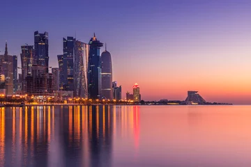 Fotobehang Doha Skyline view early morning. Doha Corniche beach © hasan