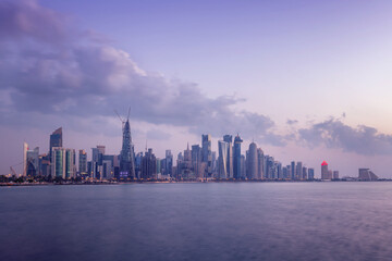 Doha Skyline view early morning. Doha Corniche beach