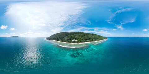 Naklejka na ściany i meble HDRI seamless spherical aerial 360-degree panorama of La Digue island, Seychelles