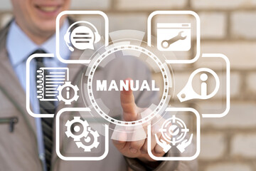 User manual as knowledge base concept. Guide Instruction. Businessman using virtual touchscreen...