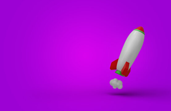 Flying cartoon rocket 3D on the right with purple background