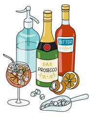 Doodle cartoon Venetian Spritz cocktail and ingredients composition. Bottles of Italian red bitter and prosecco, soda water siphon, orange fruit and ice scoop. For menu or alcohol cook book recipe.