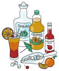 Doodle cartoon Tequila Sunrise cocktail and ingredients composition. Bottles of silver tequila and orange juice, grenadine syrup, orange fruit and ice scoop. For menu or alcohol cook book recipe.