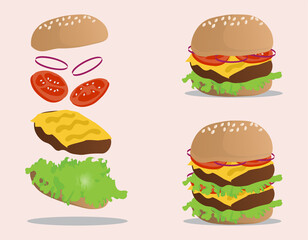 Cheese burger illustration, with a fresh ingredients in each layer