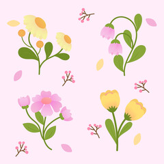 Vector illustration hand drawn yellow and purple spring flowers icon set. Perfect for wallpaper, decoration, background and pattern.