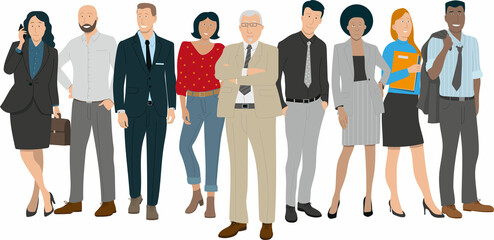 illustration représentant une équipe au travail, des personnages de races différentes, d'âges différents, hommes ou femmes d'affaires, employés de bureau avec au centre le patron, le manager. 