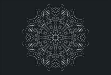 Mandala beautifull art. White outline mandala on a black doodles sketch good mood. Mandala snowflake on black background