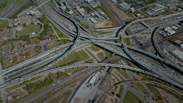 Drone flying over highway intersection, Dallas, Texas, US
