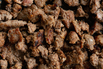 Close up macro shot of fried sausage
