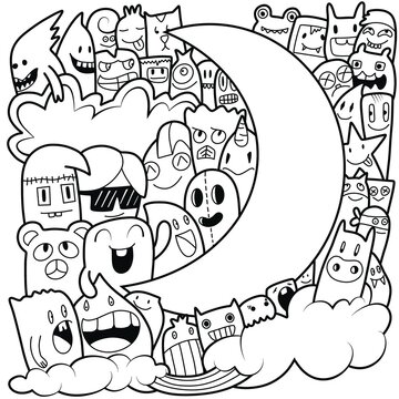 black and white doodle with the moon and all the monsters