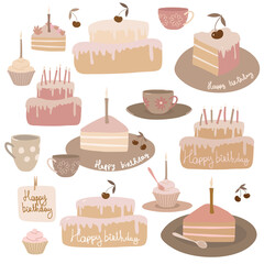 A set of birthday cakes in fondant colors. Vector illustration.
