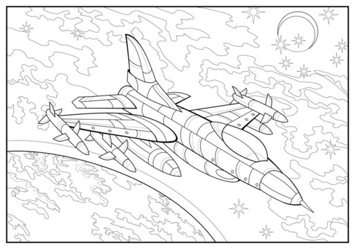 Supersonic aircraft flies high in the sky above earth. Coloring book for children and adults. Image in zen-tangle style. Printable page for drawing and meditation. Black and white vector illustration.
