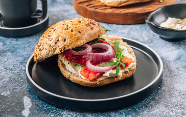 Burger with smoked salmon and cream cheese