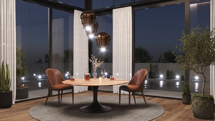 A table for two in a restaurant. Table and two chairs with a beautiful view from the window. 3d render