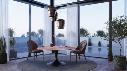A table for two in a restaurant. Table and two chairs with a beautiful view from the window. 3d render