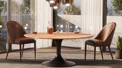 A table for two in a restaurant. Table and two chairs with a beautiful view from the window. 3d render