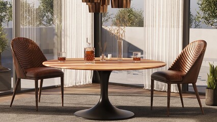 Dining table and chairs. Terrace view. Table setting for lunch or dinner. 3D render. 
Wicker Hanging Chair Egg for Leisure