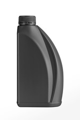 Black plastic bottle isolated on white background.
