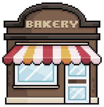 Pixel art bakery facade vector build for 8bit game on white background