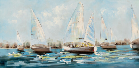 Sailing boats over water oil painting on canvas. Impasto artwork. Impressionism art. © VIS Fine Arts