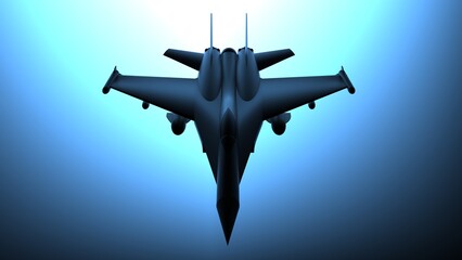 Fototapeta na wymiar Silhouette illustration of a fighter plane against the background of blue light. 3D CG. 3D illustration.
