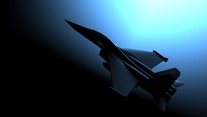 Silhouette illustration of a fighter plane against the background of blue light. 3D CG. 3D illustration.