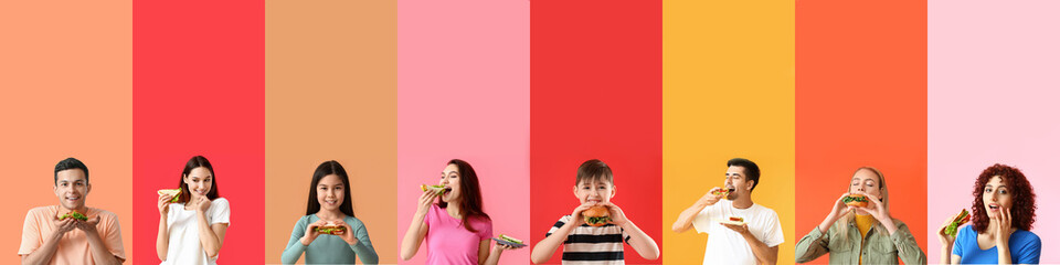 Group of people eating tasty sandwiches on color background with space for text - Powered by Adobe